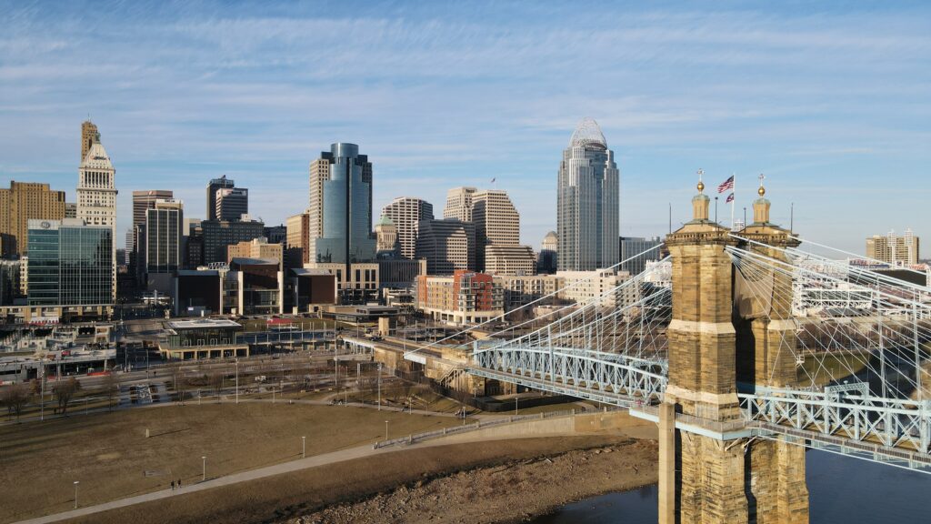 Roebling Bridge against the Cincinnati Skyline